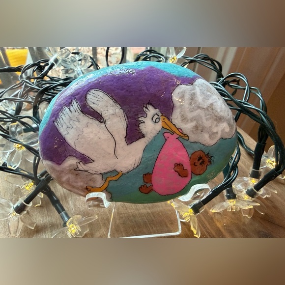 Artisan Custom Hand Painted Rock Other - Hand-Painted Stork and Baby Themed Rock Art